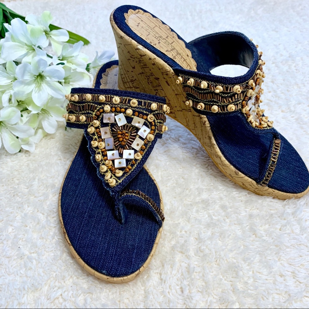 Bamboo‎ Women’s Blue Boho Jean Wedges / Sandals